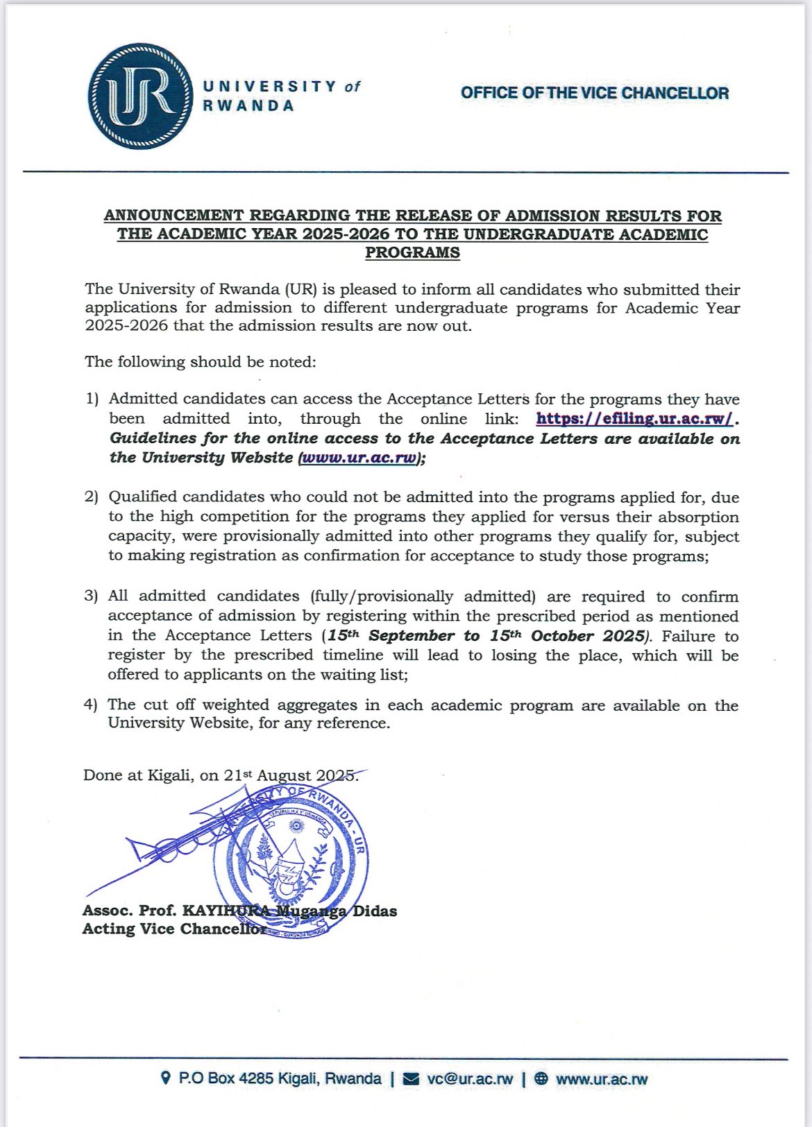University of Rwanda Admission Results 2025–2026 | Undergraduate ...
