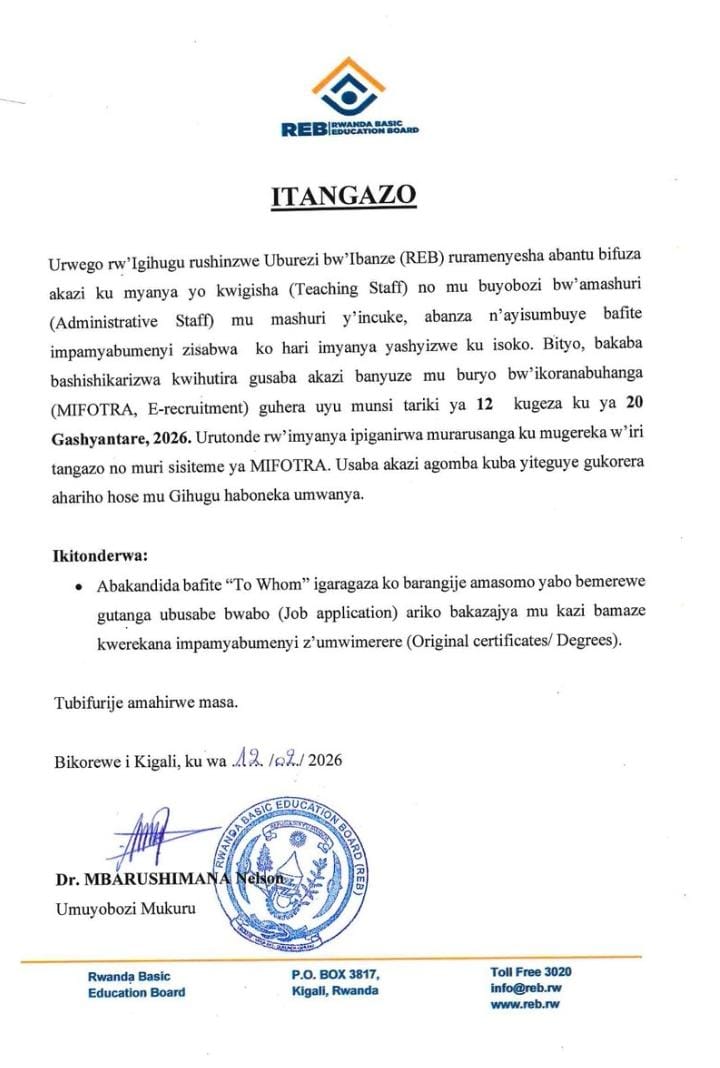 REB yashyize Ku isoko imyanya y'akazi irenga 2000 | Deadline for ...