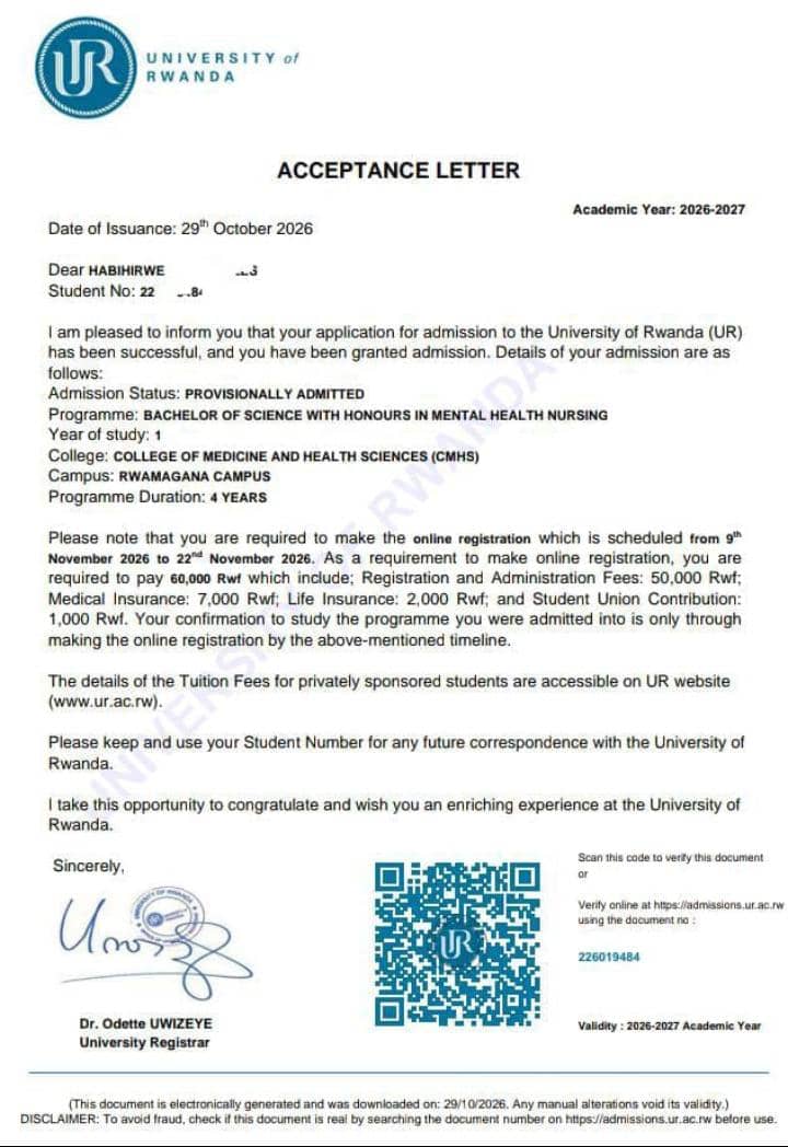 University of Rwanda admission results 2026